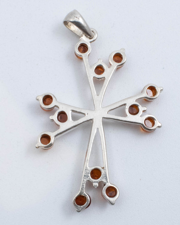 Vintage Sterling Silver Intersected Lines Pendant With Small Round Amber Tips!