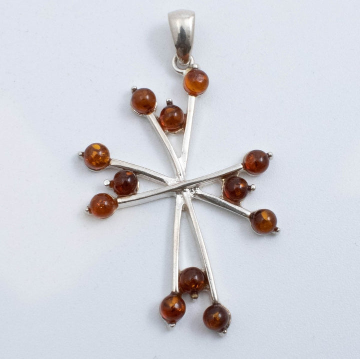 Vintage Sterling Silver Intersected Lines Pendant With Small Round Amber Tips!