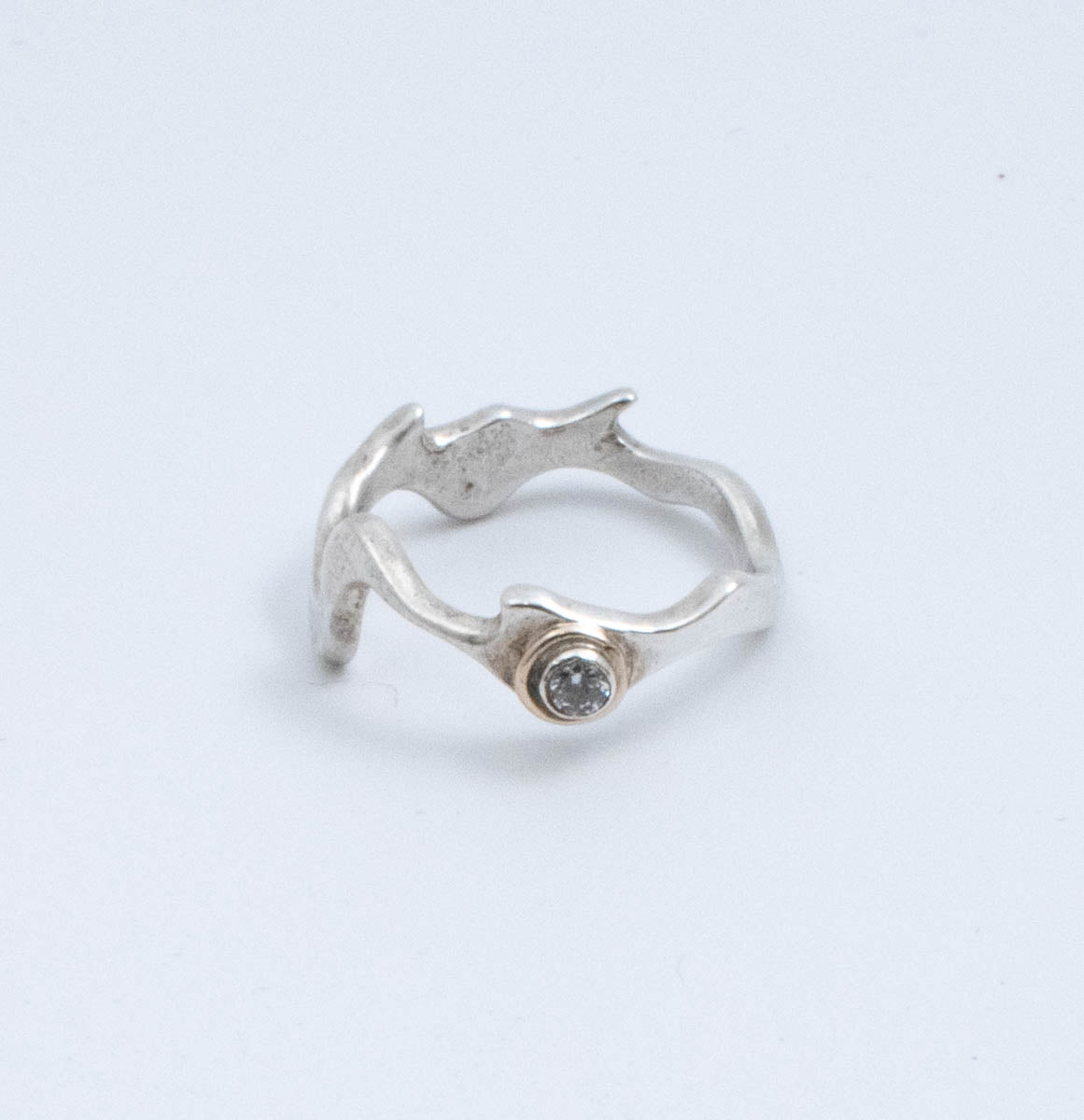 Vintage Sterling Silver Jagged Band With Round Diamond (CZ)! [Size 4.75 US]